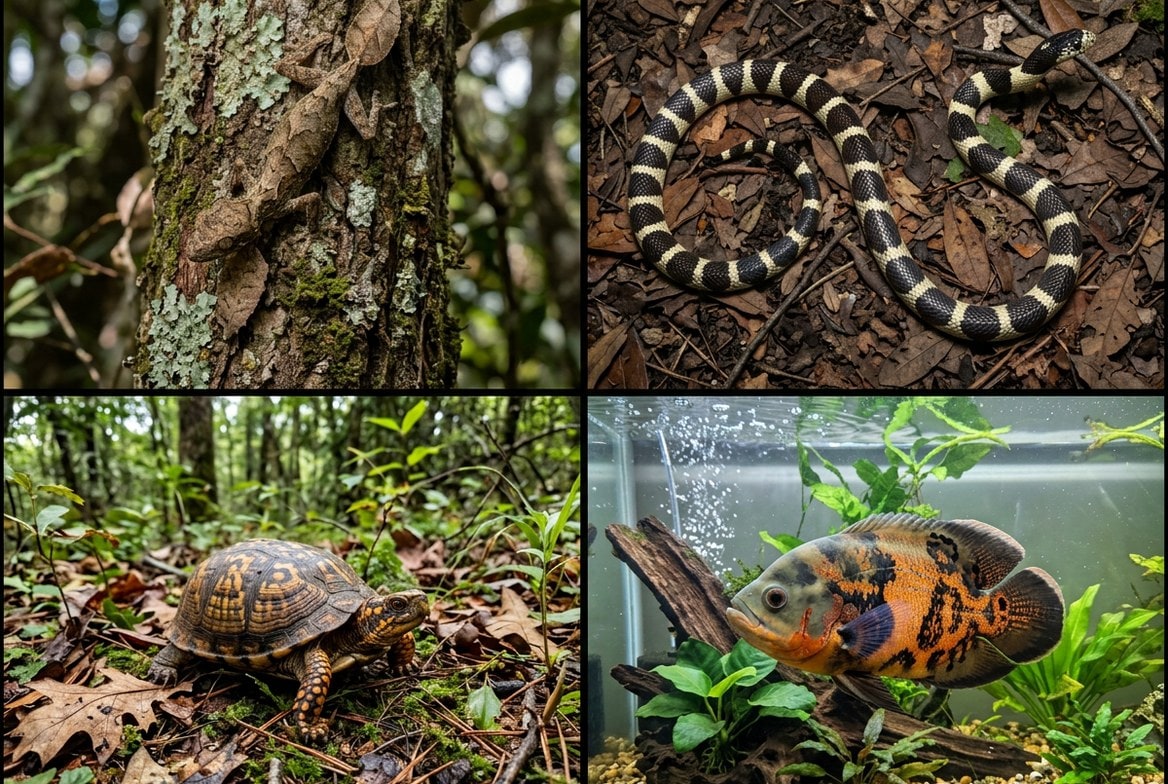 Leaf-tailed gecko, California kingsnake, box turtle, and oscar fish shown side by side