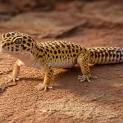 Leopard gecko standing on sand-colored substrate, showing its spotted pattern