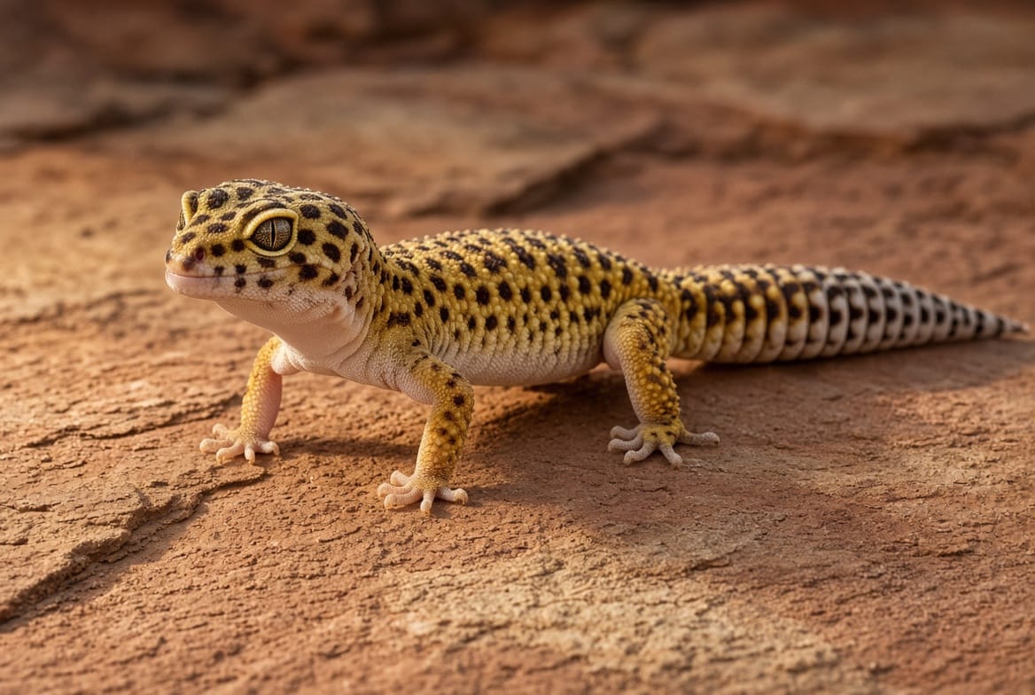 Leopard gecko standing on sand-colored substrate, showing its spotted pattern