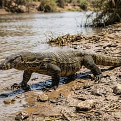 Nile monitor at the water's edge with its tongue extended