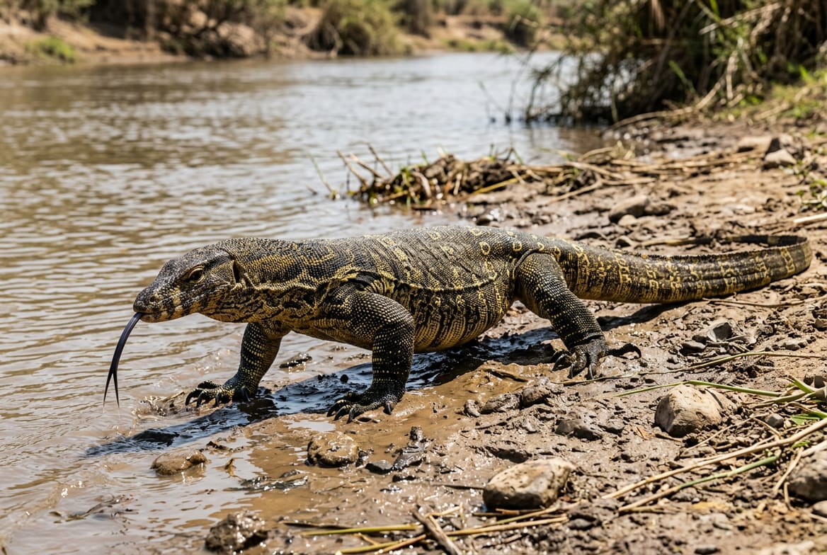 Nile monitor at the water's edge with its tongue extended