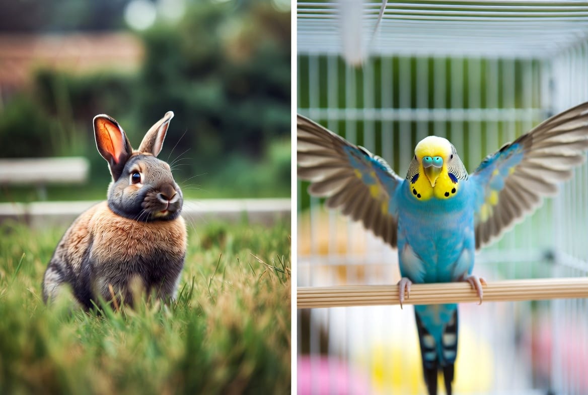Side by side of a rabbit in a grassy pen and a budgie on a wide perch