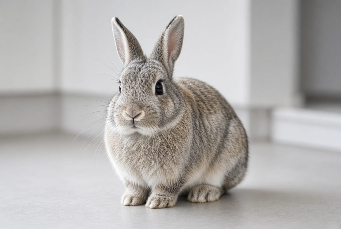 Rabbit sitting alert indoors with its ears raised