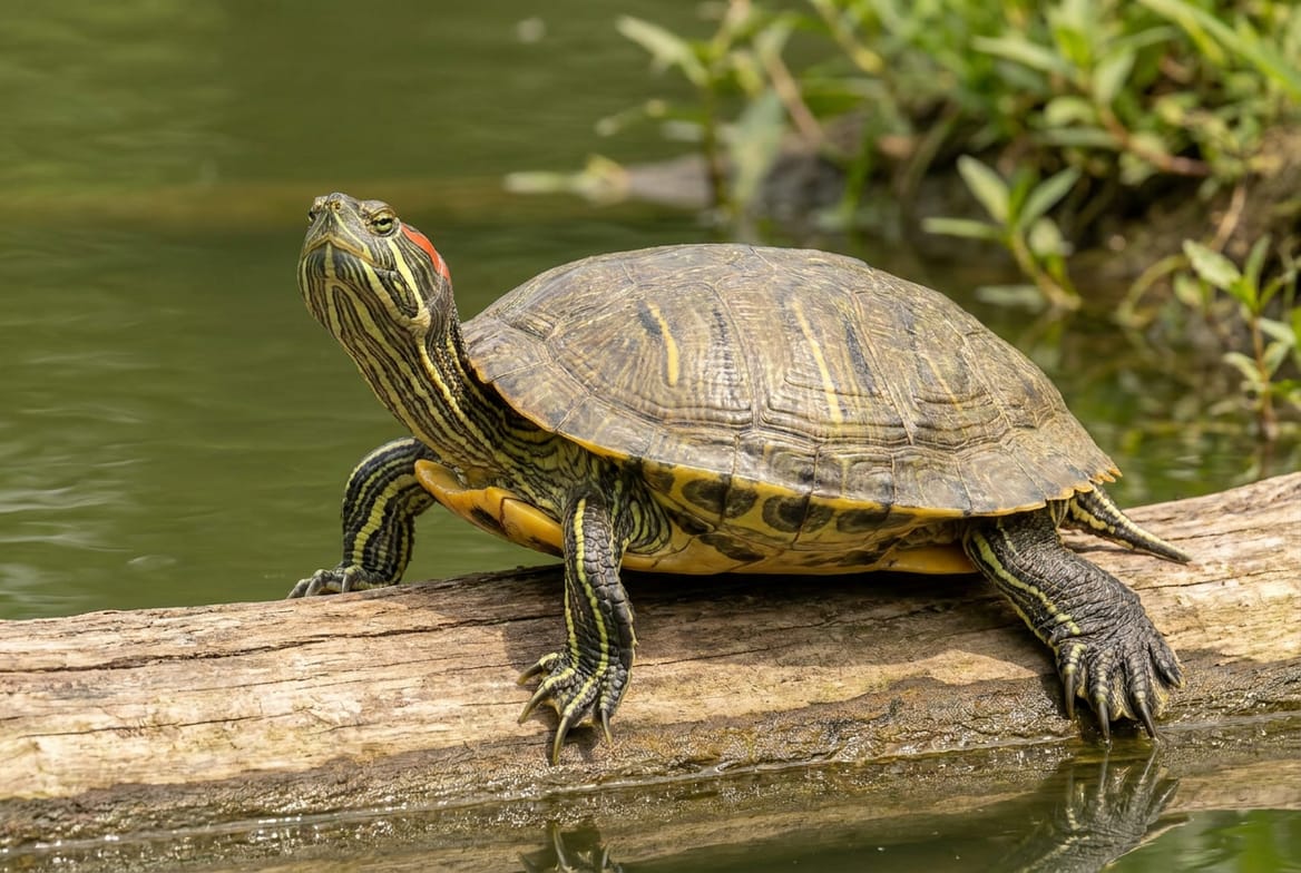 Red-eared slider turtle basking on a rock