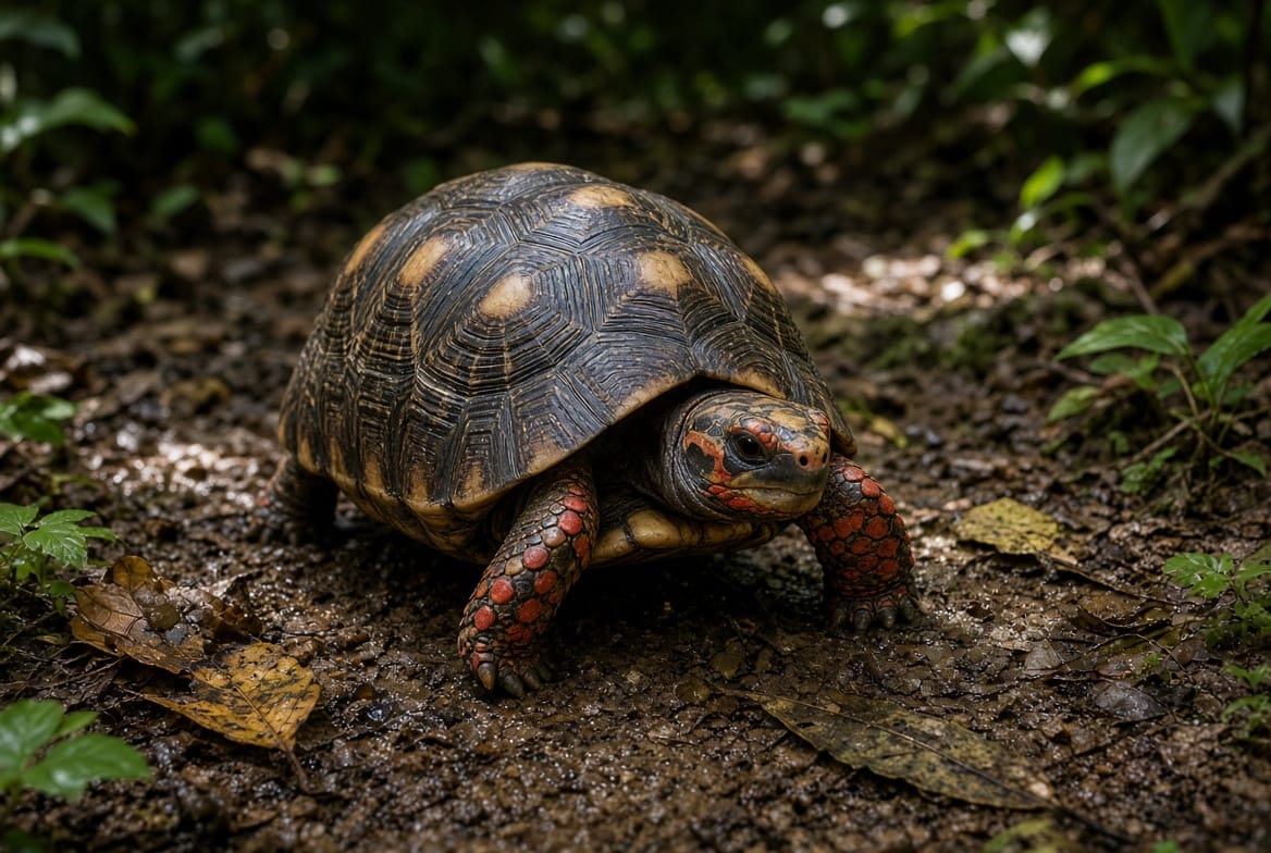 Red-footed tortoise walking on a damp forest floor, red leg scales visible