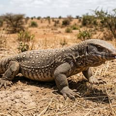 Savannah monitor on sand in close profile, its blunt snout, heavy neck and yellow-speckled grey scales clearly visible