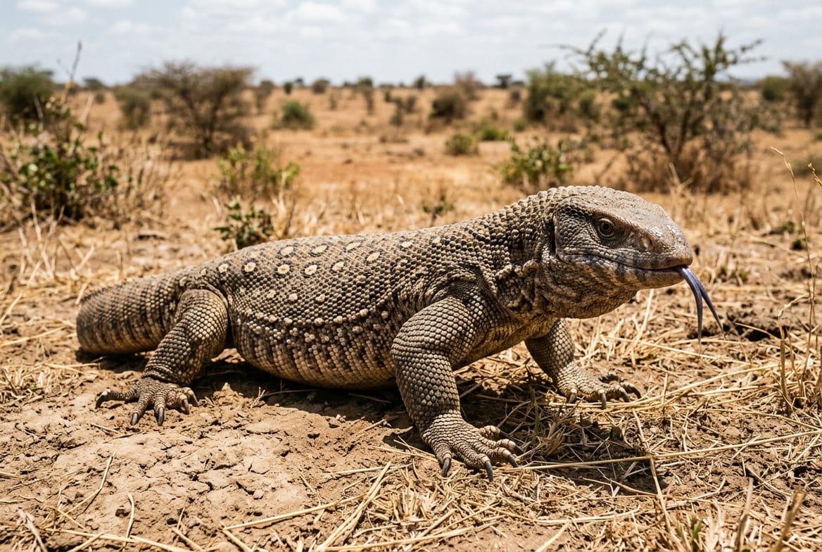 Savannah monitor on sand in close profile, its blunt snout, heavy neck and yellow-speckled grey scales clearly visible