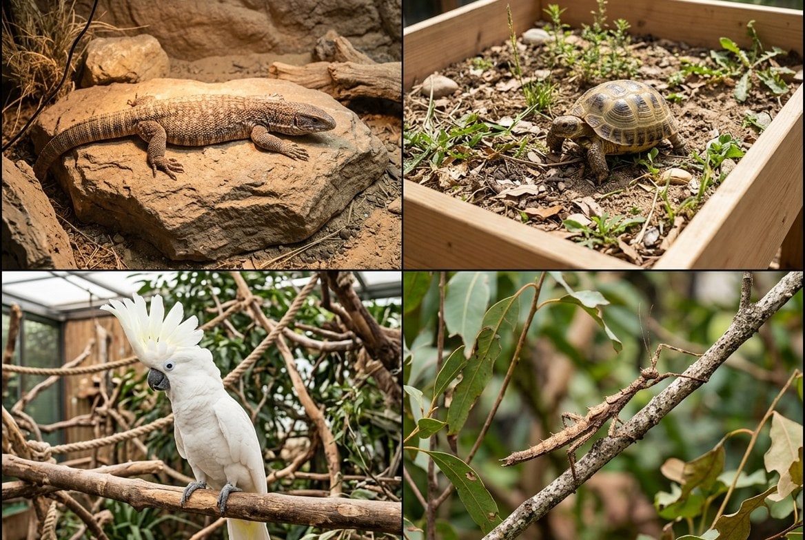 Savannah monitor, Russian tortoise, cockatoo, and stick insect shown side by side