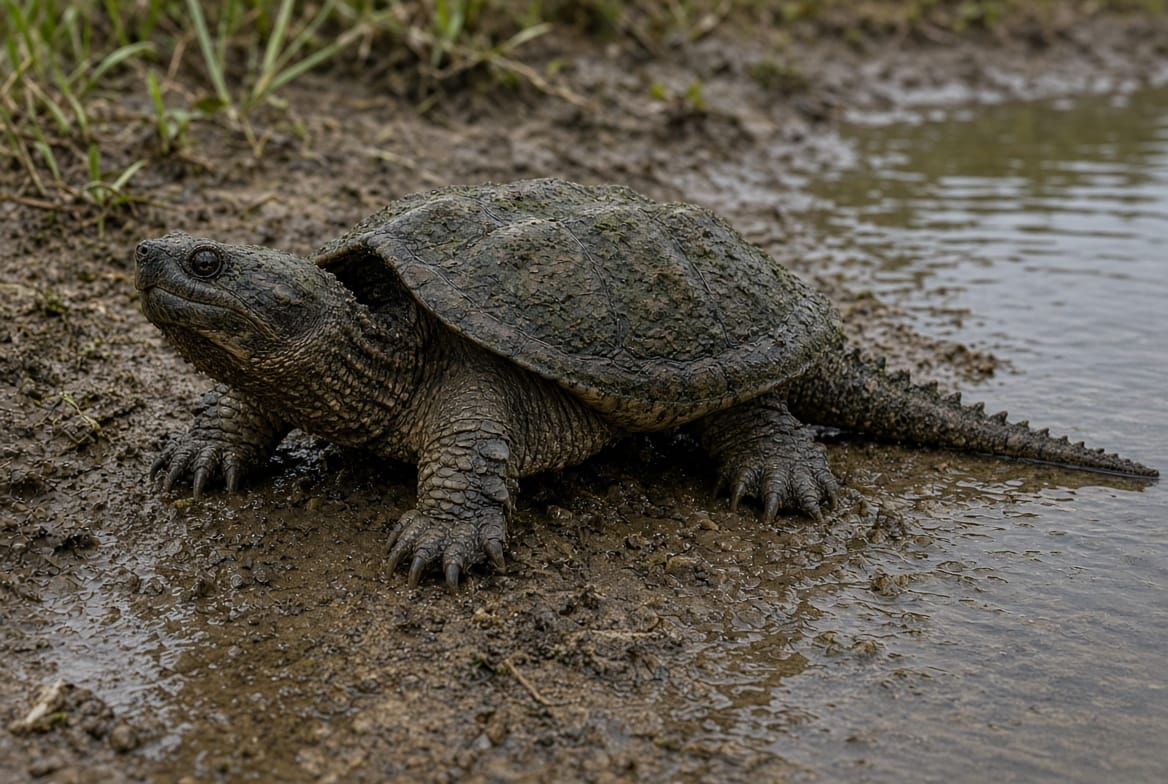 Common snapping turtle at the muddy edge of a pond with its head raised