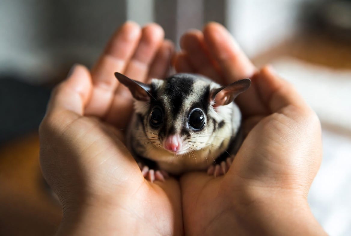 Sugar glider held gently in cupped hands