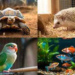 Sulcata tortoise, hedgehog, lovebird, and guppy shown side by side
