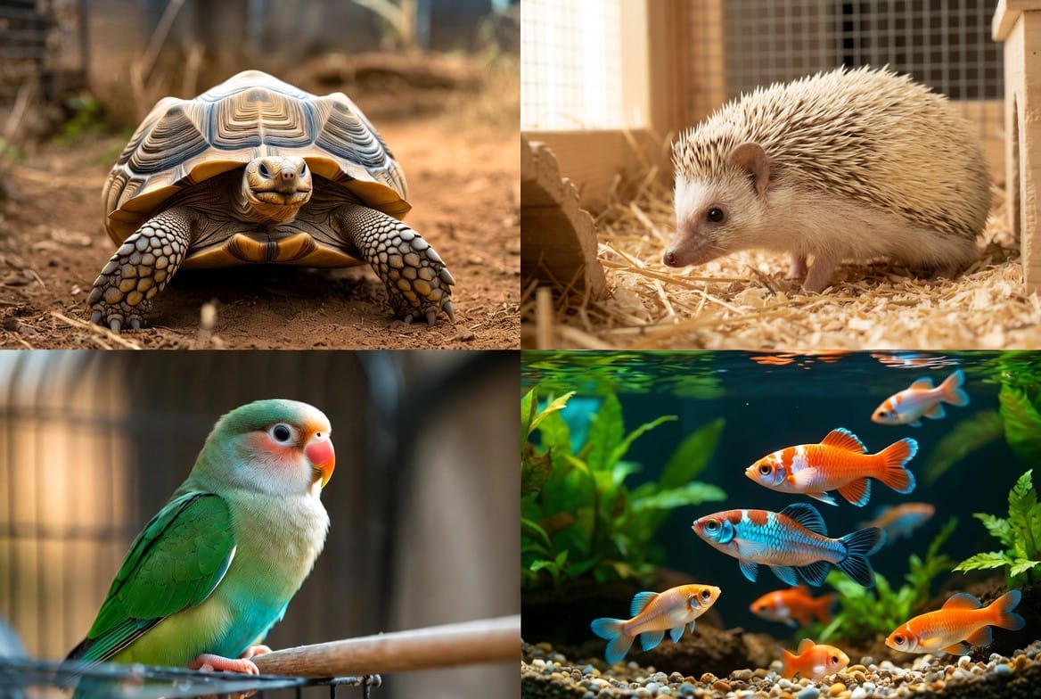 Sulcata tortoise, hedgehog, lovebird, and guppy shown side by side