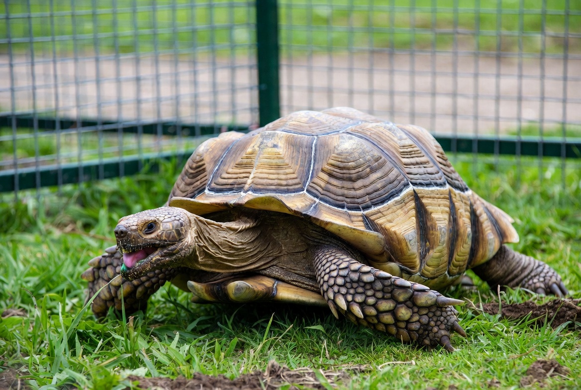Sulcata tortoise grazing outdoors