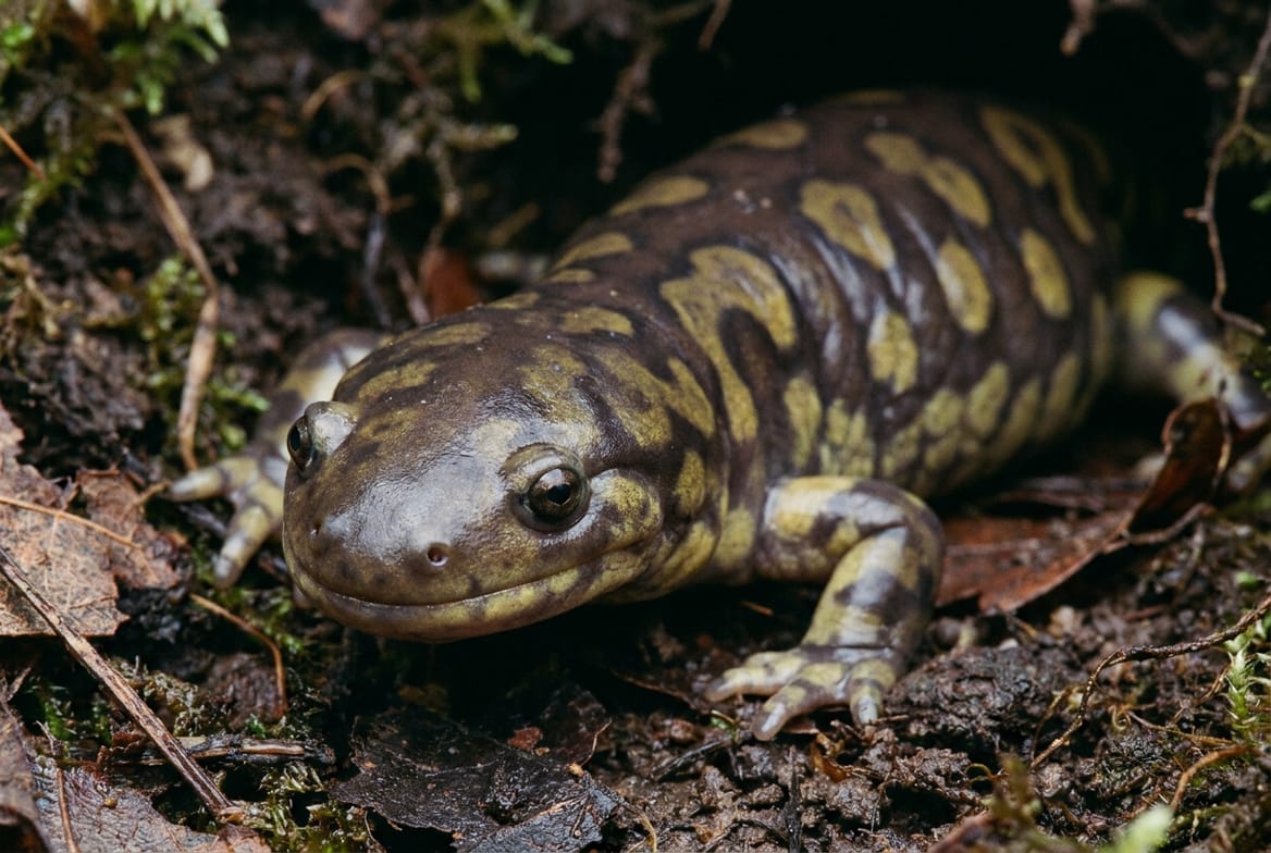 Tiger salamander with yellow and black blotched pattern, representing its legal status