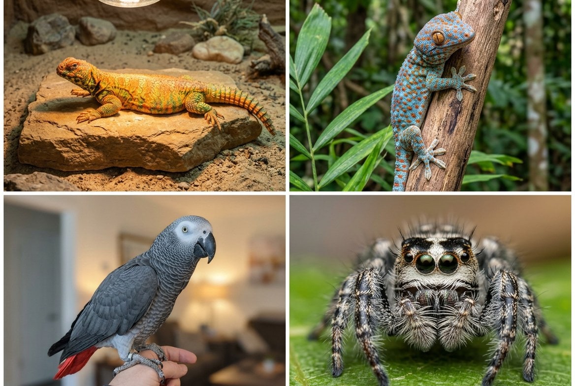 Uromastyx, tokay gecko, African grey parrot, and jumping spider shown side by side