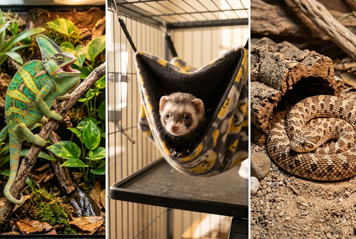 Veiled chameleon, ferret, and Western hognose snake shown side by side