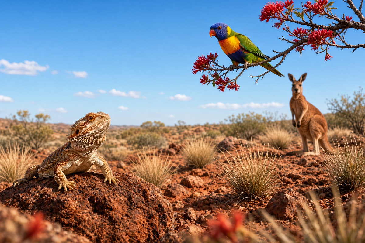 A bearded dragon basking on red desert earth, with a rainbow lorikeet perched on a flowering branch and a red kangaroo standing in the spinifex behind