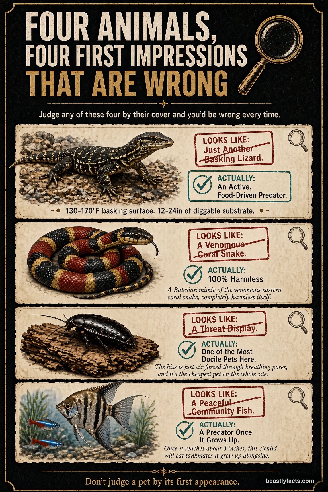 Portrait infographic comparing an ackie monitor, milk snake, Madagascar hissing cockroach, and angelfish, showing the wrong first impression and the actual reality for each