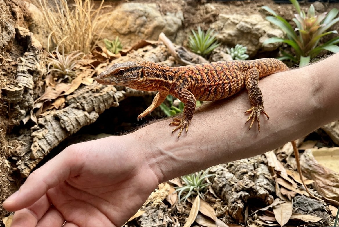 Ackie monitor confidently climbing onto an owner's hand during a tong-feeding session