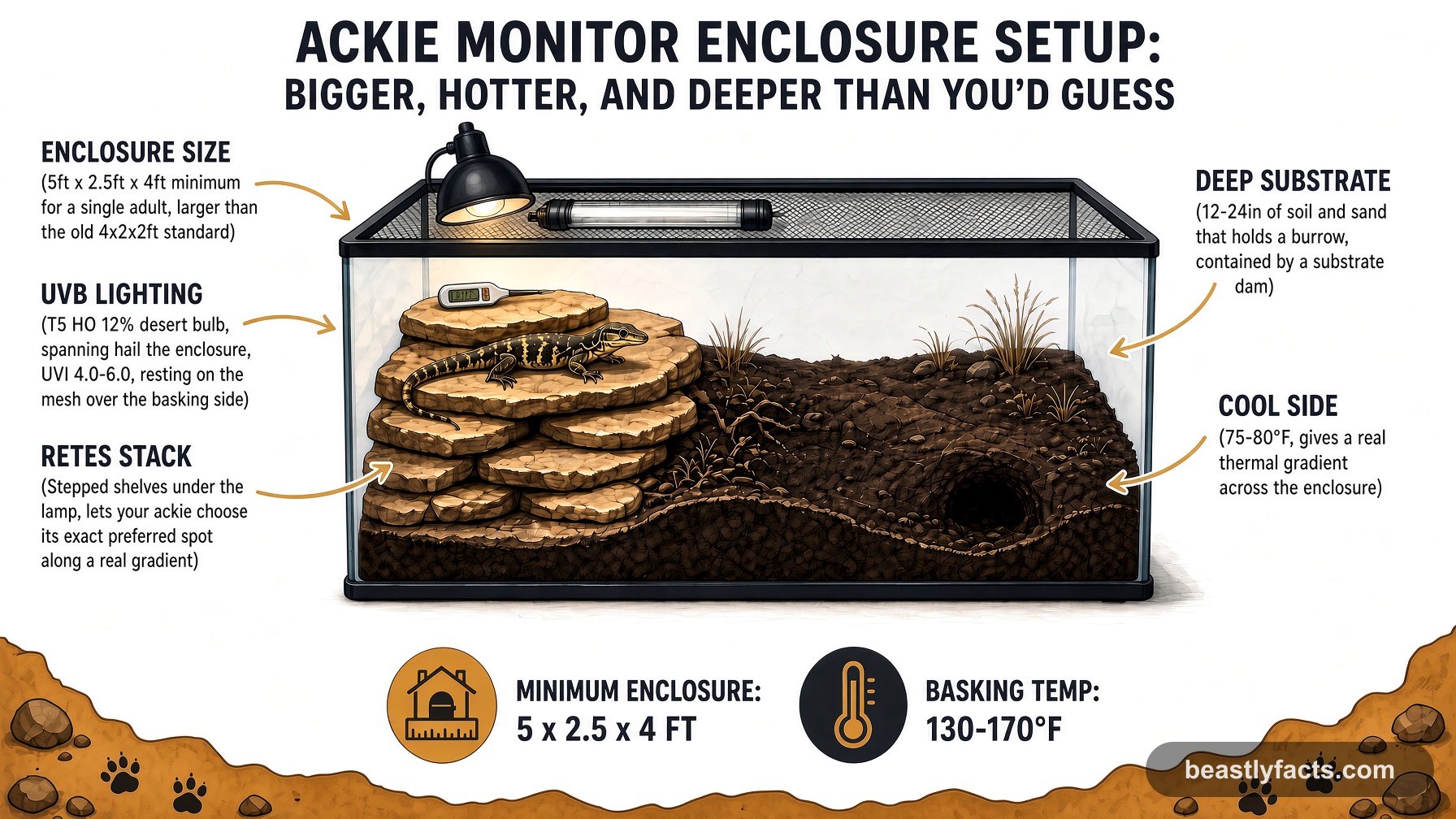 Labeled diagram of an ackie monitor enclosure showing the UVB lighting, Retes stack, deep substrate, and cool side