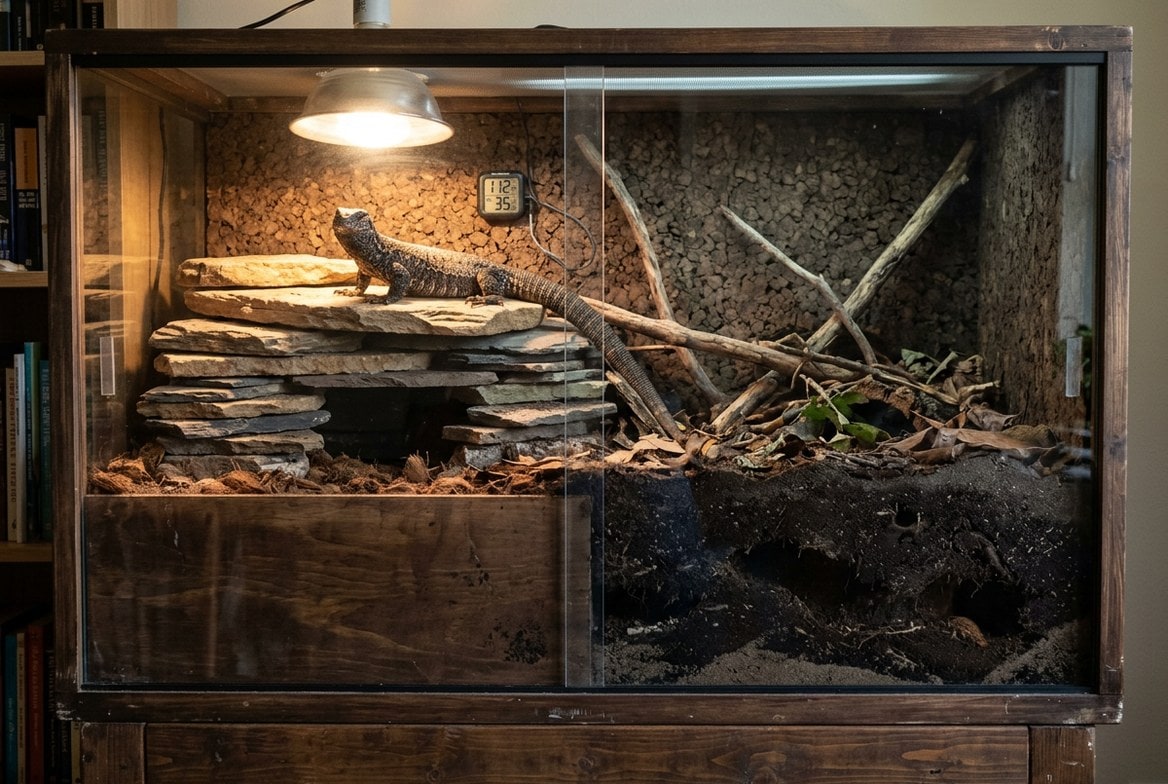 Ackie monitor enclosure with deep burrowing substrate, Retes stack, and basking lighting
