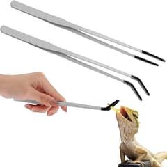 Lasnten 2 Pcs Extra Long Stainless Steel Reptile Feeding Tongs with Rubber Tip 10 Inch, 10.5 Inch Bearded Dragon Aquarium Straight and Curved Long Tweezer Terrarium Feeder Tool for Tank(Silver)