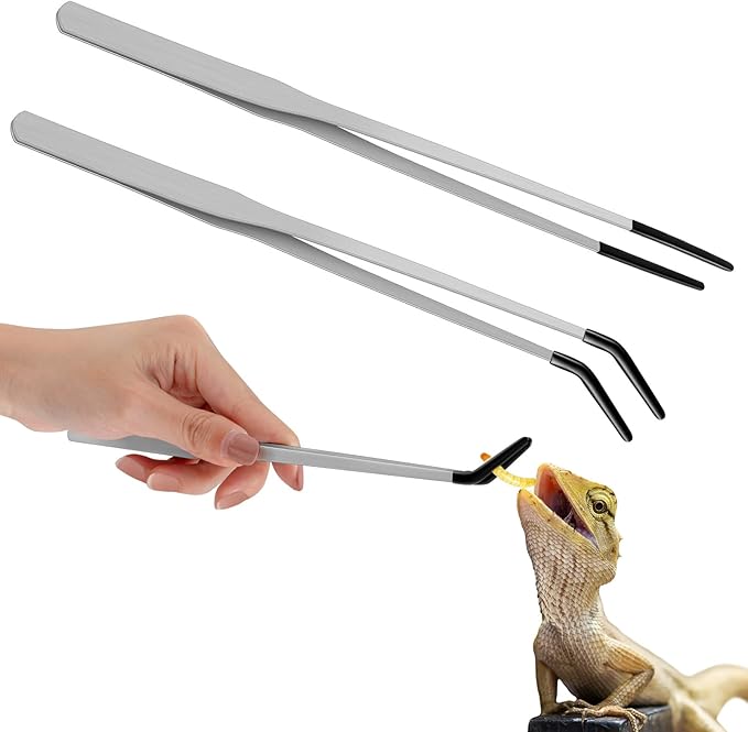 Lasnten 2 Pcs Extra Long Stainless Steel Reptile Feeding Tongs with Rubber Tip 10 Inch, 10.5 Inch Bearded Dragon Aquarium Straight and Curved Long Tweezer Terrarium Feeder Tool for Tank(Silver)