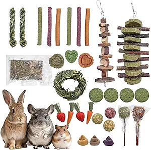 Rabbit Chew Toys, Toys for Guinea Pigs & Hamsters - Natural Chew Sticks & Balls Set for Small Animals, Dental Care Treats for Chinchillas, Bunny - 20+ Toys for Teeth Health (32 Pieces)