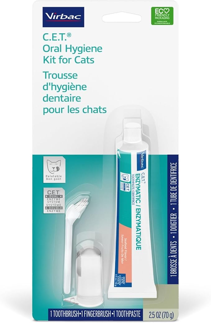 Virbac C.E.T. Oral Hygiene Kit for Cats | Seafood Flavor Toothpaste | Fingerbrush and Pet Toothbrush