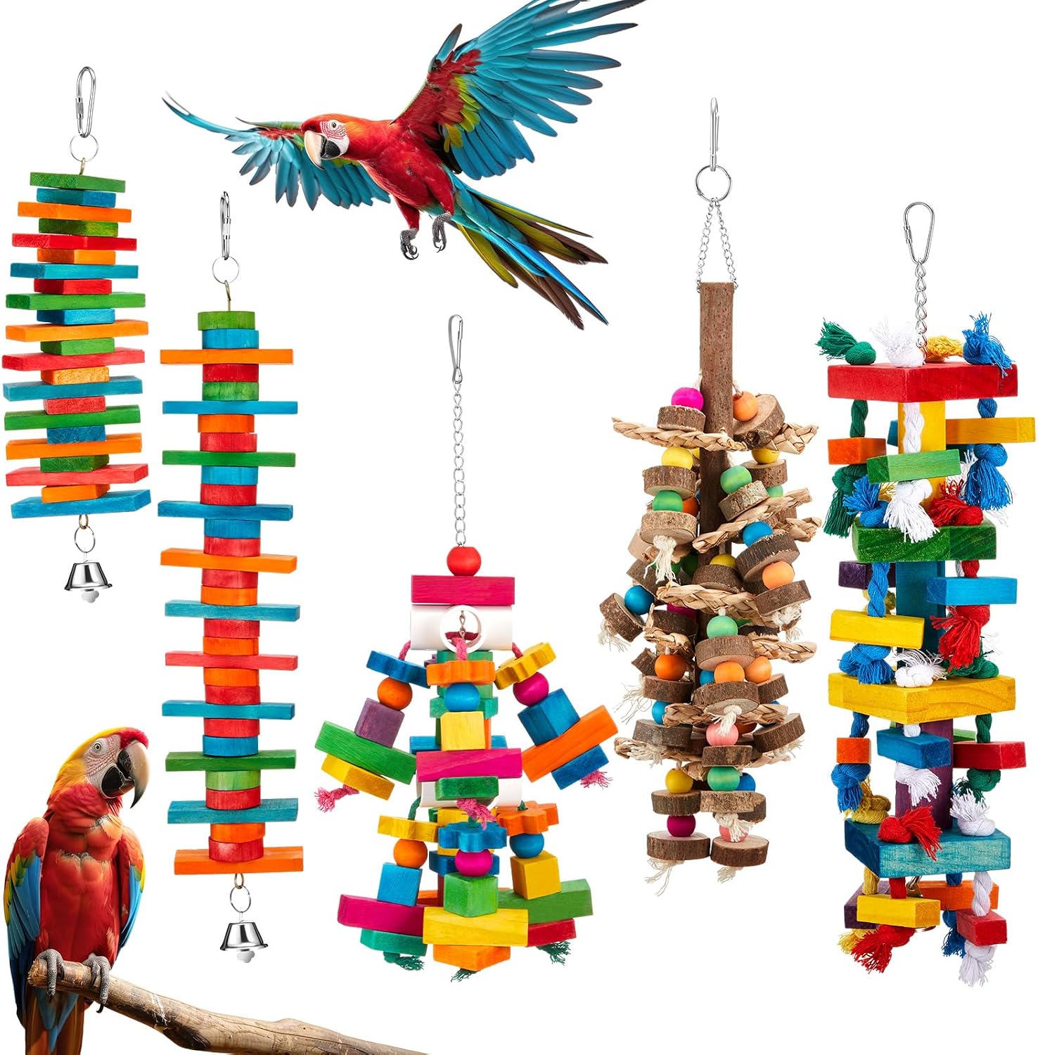 Seenelling 5-Piece Extra Large Wooden Parrot Foraging Toy Set