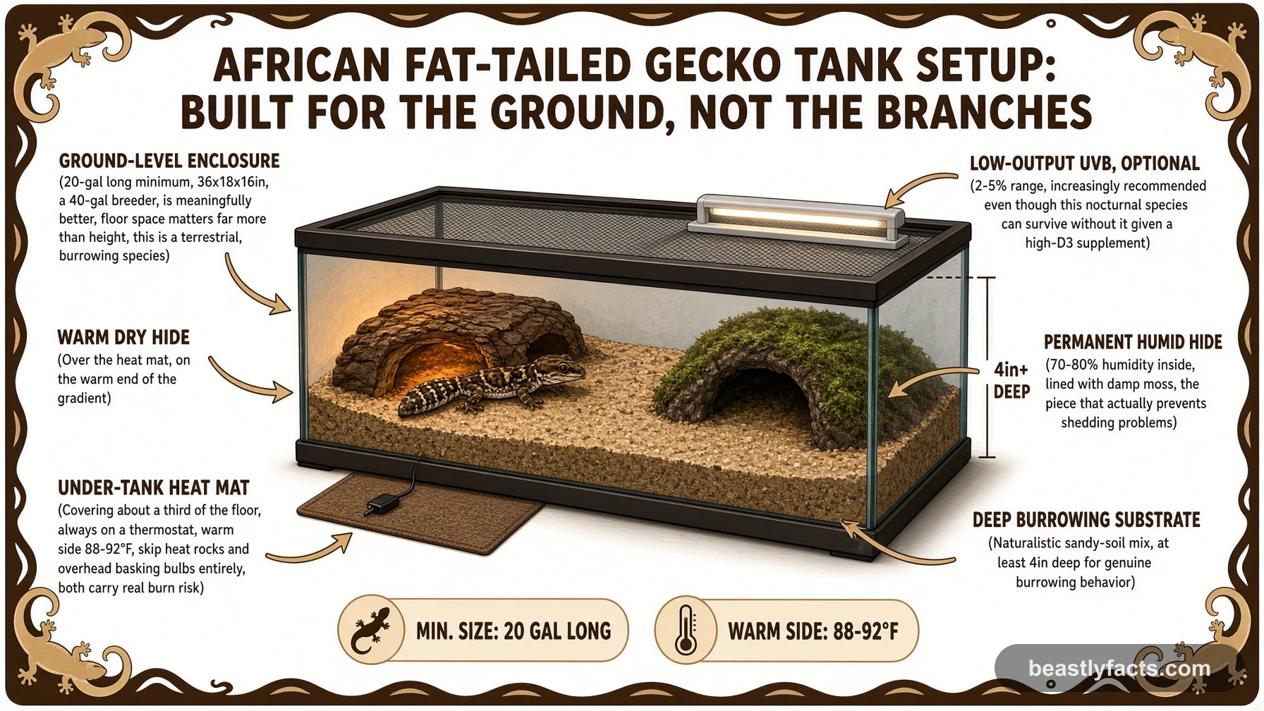 Labeled diagram of an African fat-tailed gecko enclosure showing a ground-level tank, under-tank heat mat, and a permanent humid hide