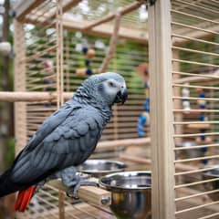 African grey parrot perched beside its cage and accessories, representing the total cost of ownership