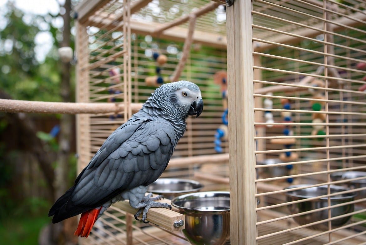 African grey parrot perched beside its cage and accessories, representing the total cost of ownership