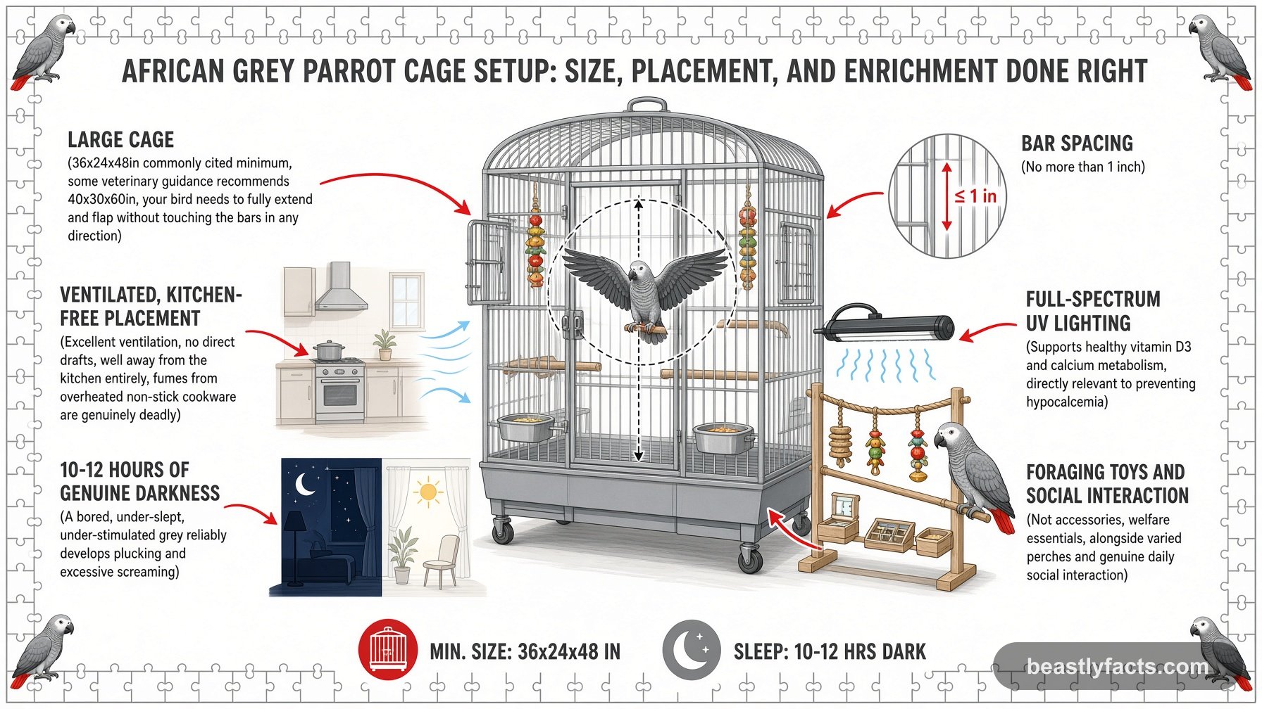 Labeled diagram of an African grey parrot cage showing a large flight cage, ventilated kitchen-free placement, and foraging toys