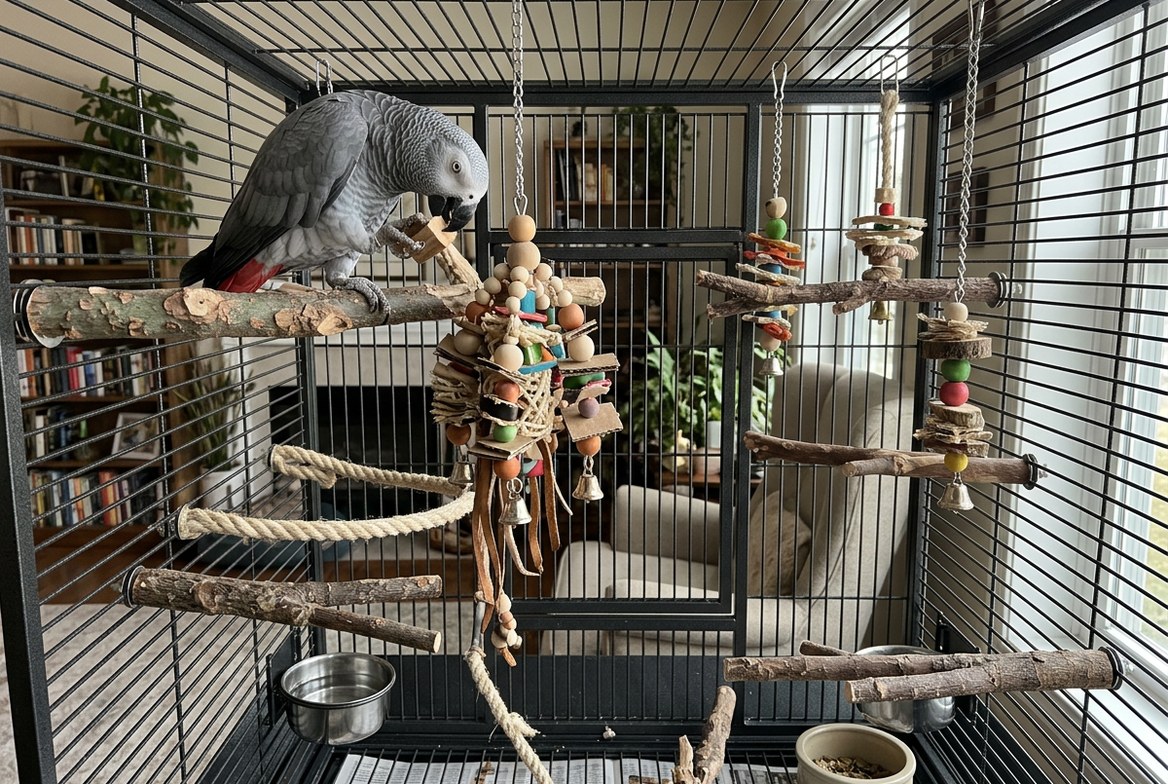 African grey parrot cage set up with appropriately sized bars, varied perches, and foraging toys