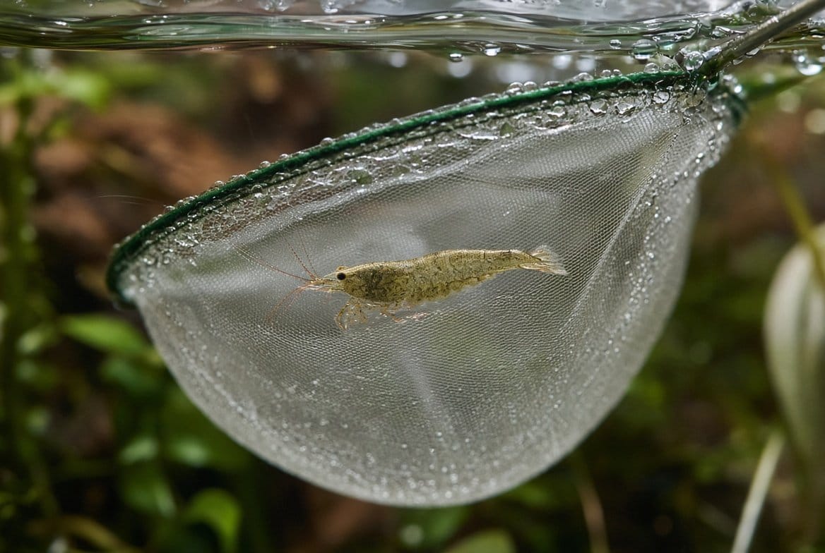 An amano shrimp being drip acclimated in a container before introduction to a new aquarium