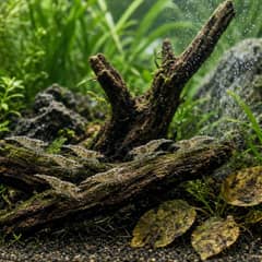 A planted freshwater aquarium with driftwood and moderate current set up for a group of amano shrimp