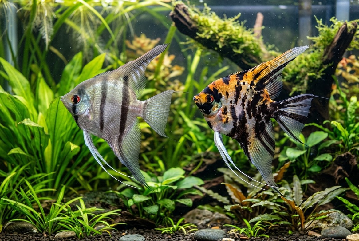 Freshwater angelfish swimming in a tall, well-filtered planted aquarium