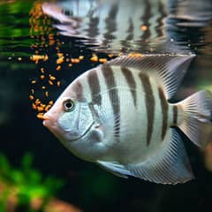 Angelfish feeding on flakes near the water's surface