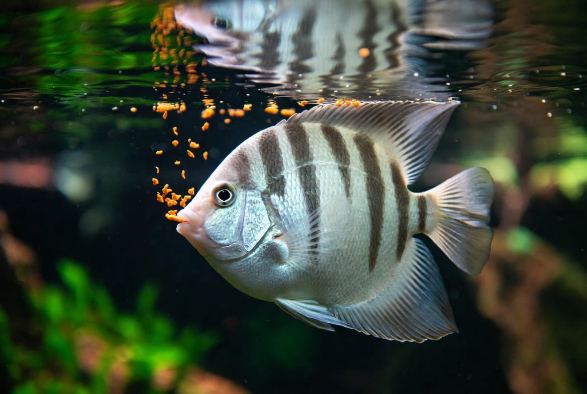 Angelfish feeding on flakes near the water's surface