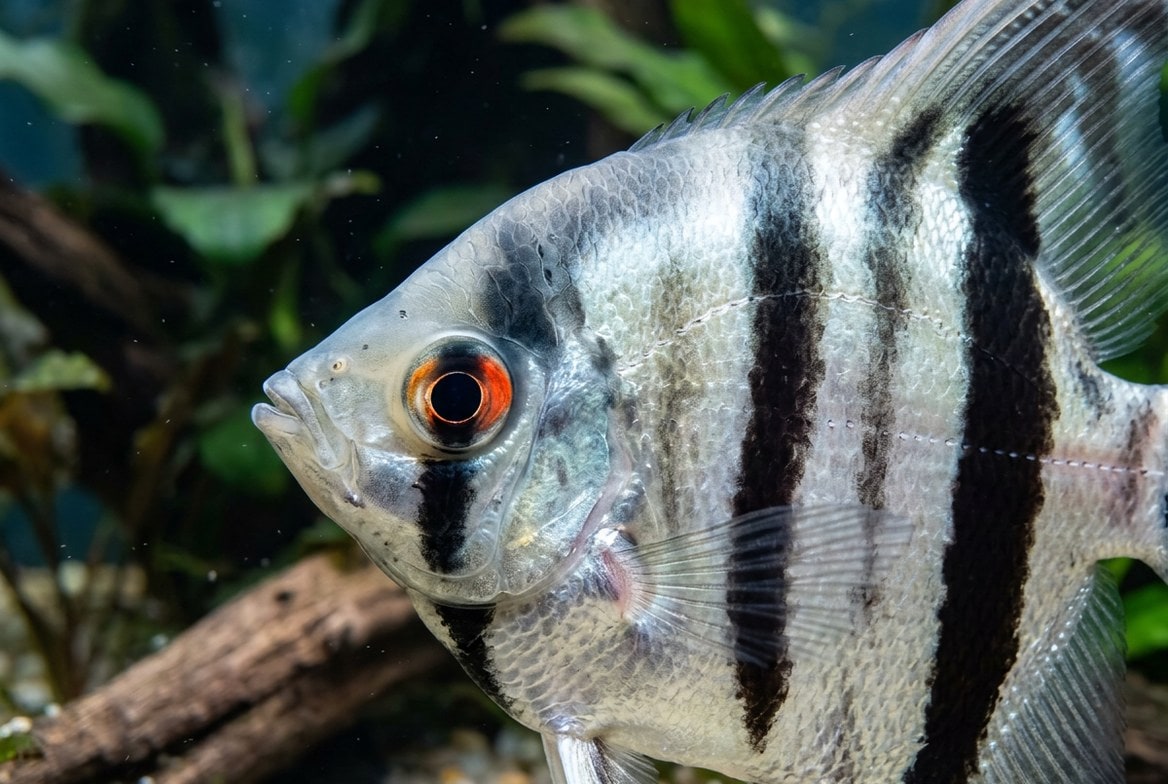 Angelfish in a clean, well-filtered tank showing healthy fins and coloring
