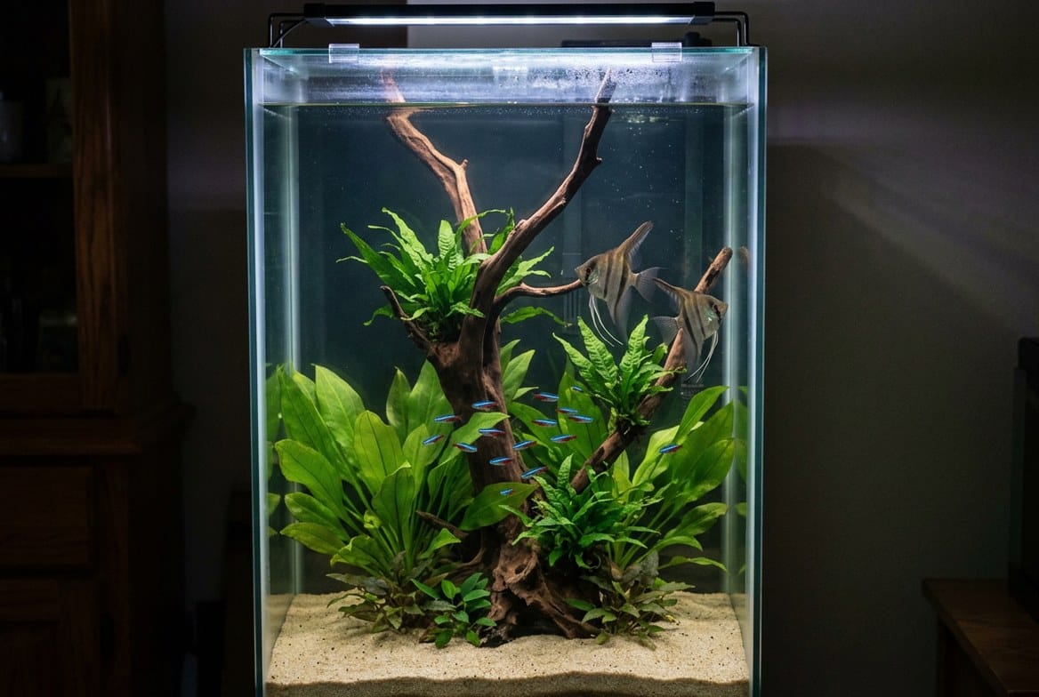 Tall angelfish aquarium with driftwood, broadleaf plants, and visible filtration equipment