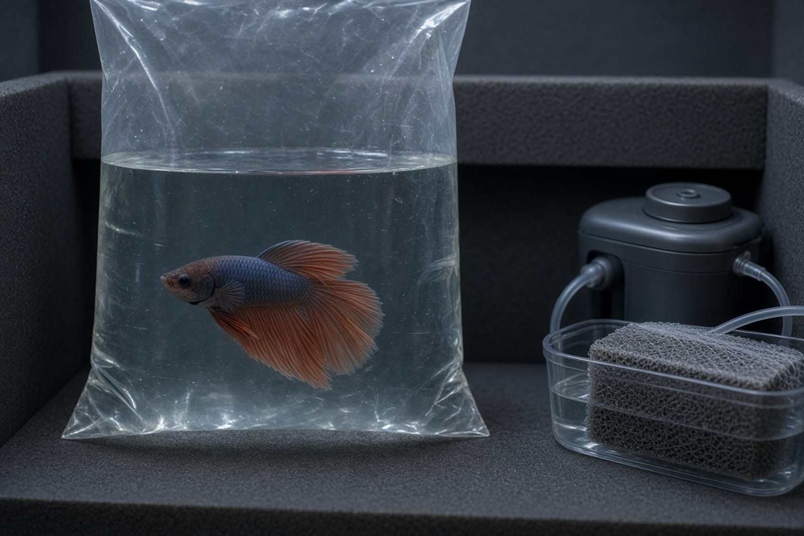 A fish bagged with an air gap next to a battery air pump and a wrapped filter sponge packed for a power outage or aquarium move