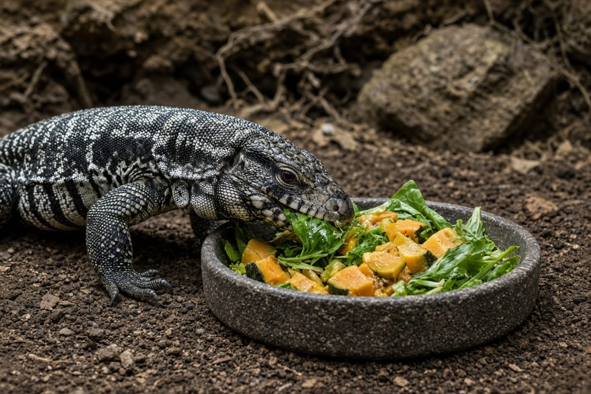 An adult Argentine black and white tegu eating chopped squash and greens from a wide bowl on the floor of its enclosure