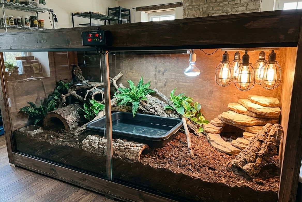 Large black and white Argentine tegu in a spacious custom enclosure with deep substrate, basking lights, and UVB lighting