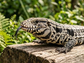 An Argentine black and white tegu resting calmly on a wooden platform, head raised and alert