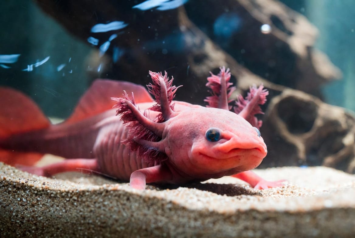 Axolotl with healthy pink gills resting near the substrate in a cool tank