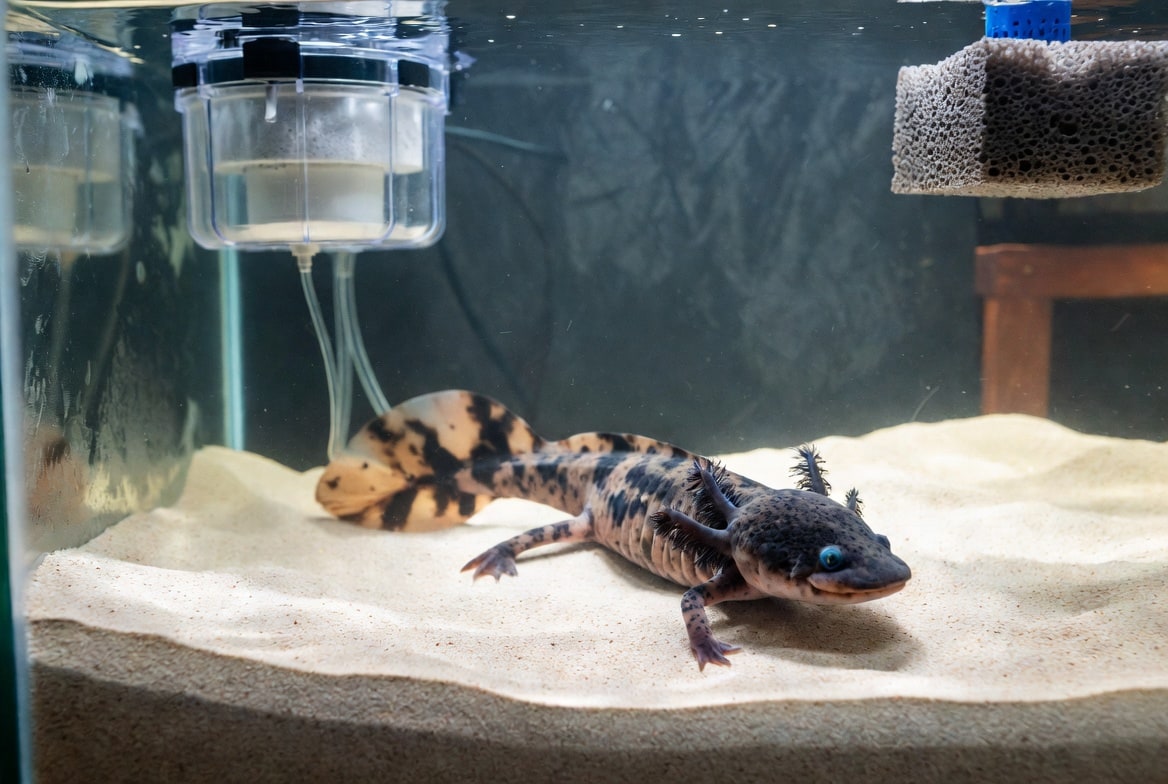 Axolotl tank setup with fine sand substrate, a chiller, and a sponge filter