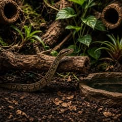 A ball python exploring a furnished terrarium with cork bark, climbing branch and live planting
