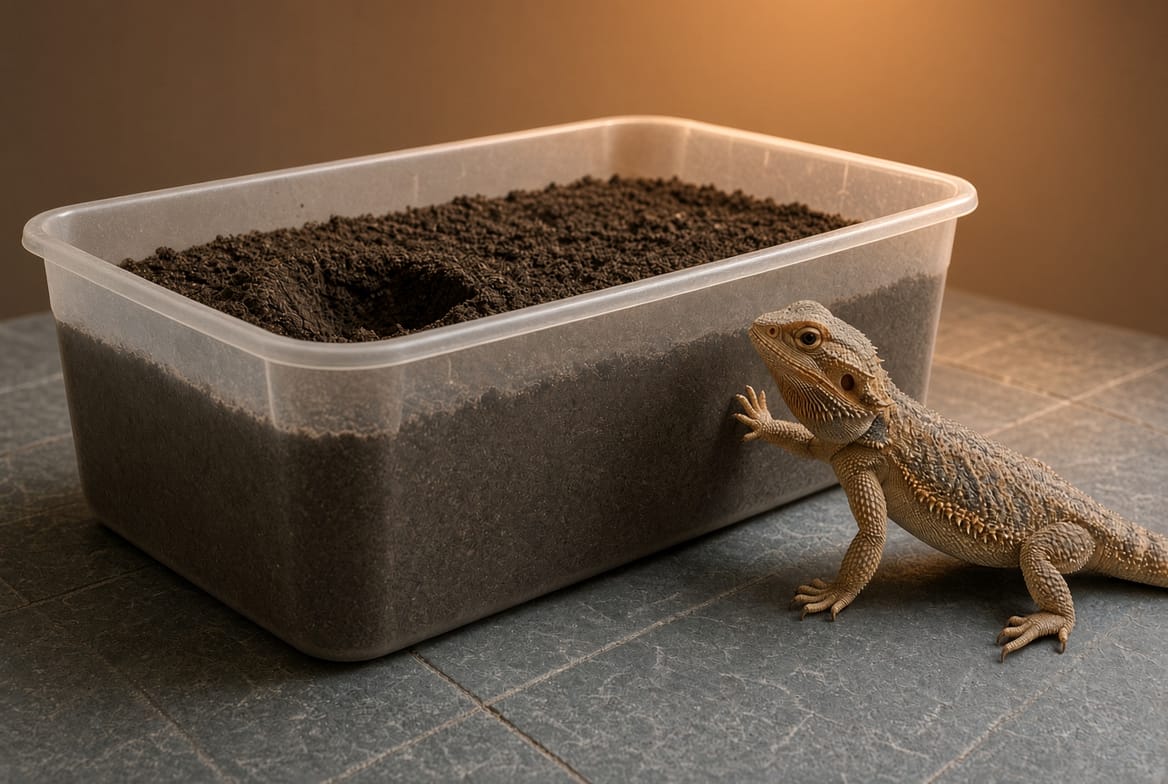 Adult female bearded dragon standing beside an open lay box filled with damp soil and sand